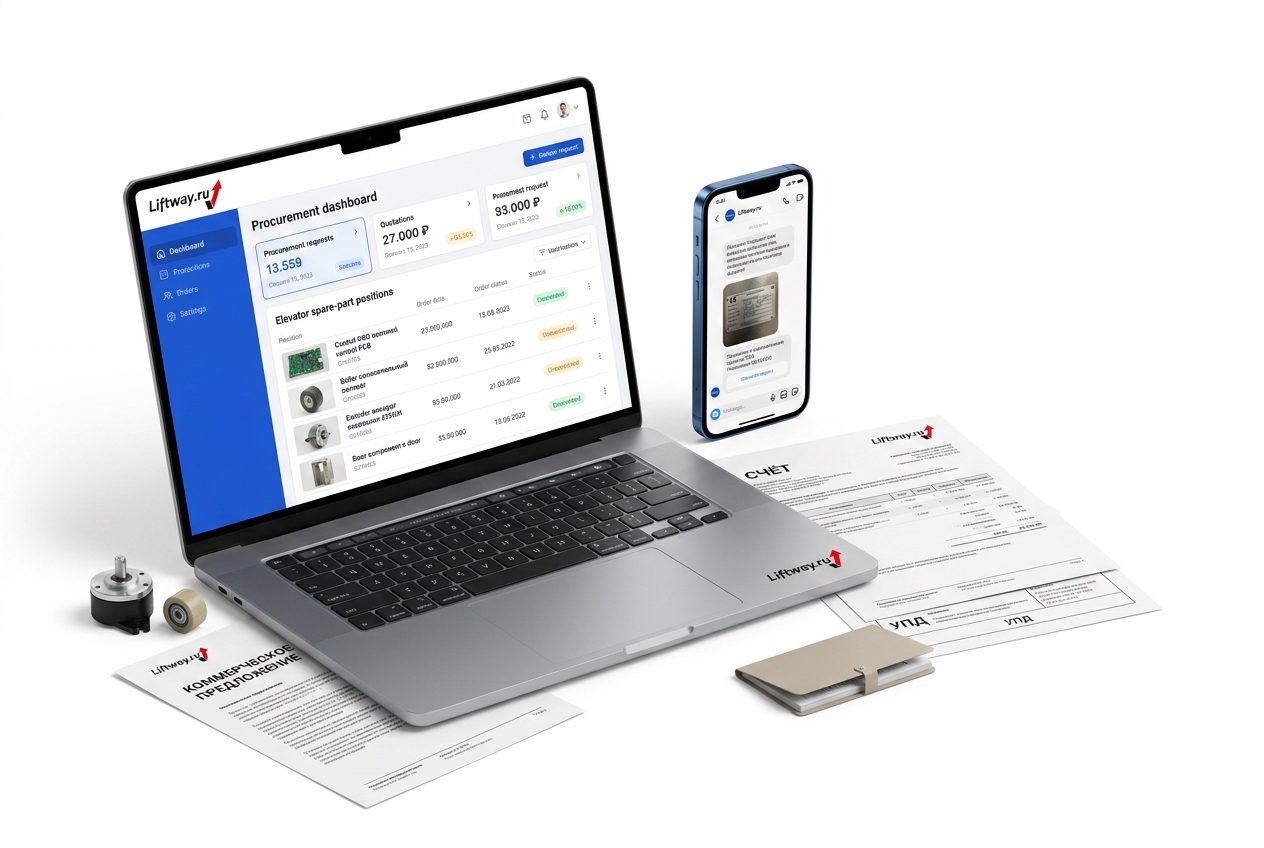 Кабинет закупщика Liftway на ноутбуке и смартфоне, счёт и УПД