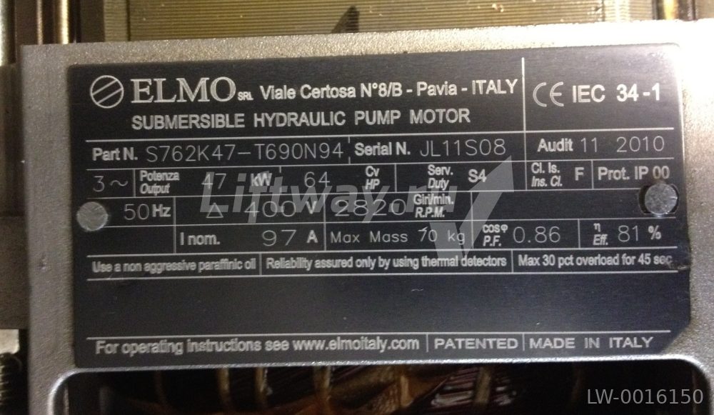 Мотор гидравлической помпы ELMO S762K47-T690N94 47кВт 2820 об/мин 400В 50Гц