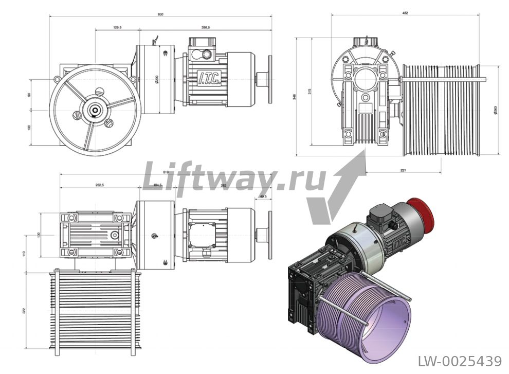 Лебедка ITG 090 с барабаном 260 мм грузо-сть 150кг(статист. нагрузка 200 кг) высота подъема 8м